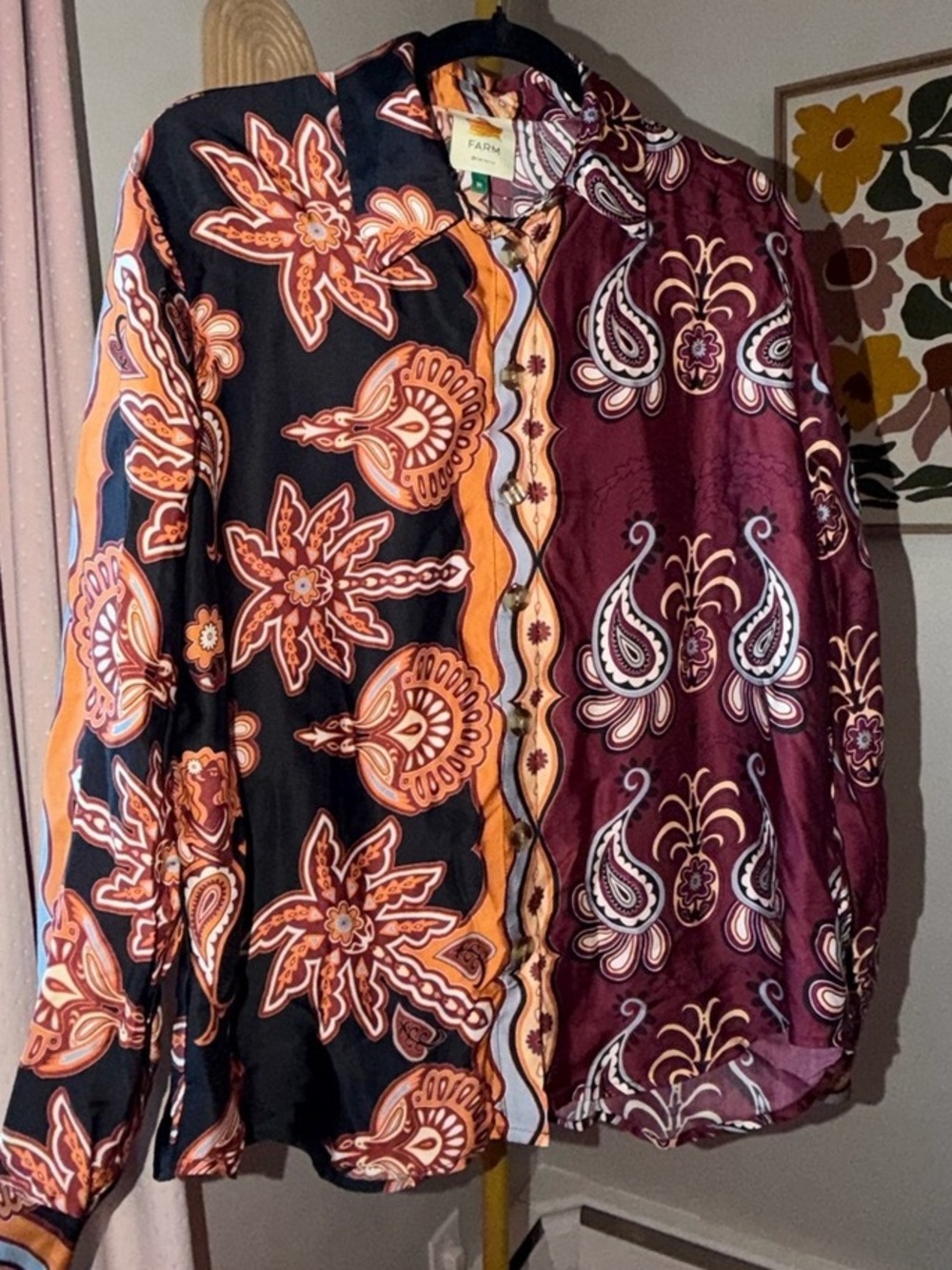 Farm Rio Paisley Button Down Shirt in Black & Purple Size Medium